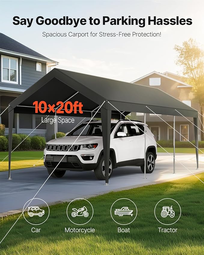 VEVOR Carport, 10 x 20 FT Outdoor Car Canopy, Potable Carport, Heavy Duty - Image 2