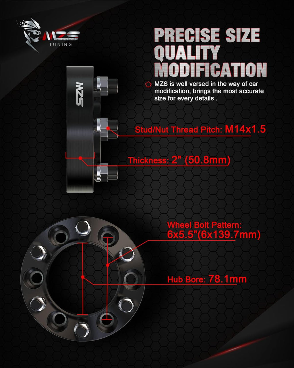 MZS 6x5.5 Wheel Spacers, 1.5" 6X139.7 Wheel Adapters 78.1mm Hub Bore with M14x1.5 Studs Compatible with Silverado Sierra/Suburban/Express/Escalade/Yukon / K1500 Suburban/Tahoe- Pack of 4