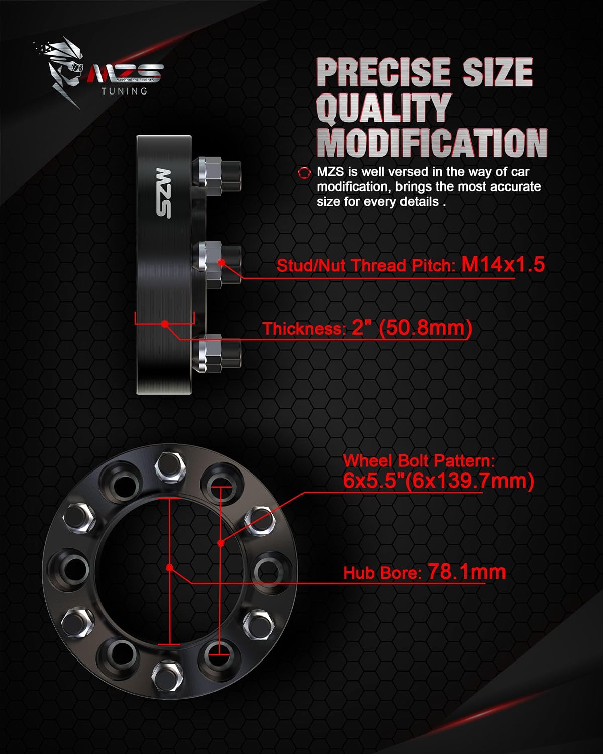 MZS 6x5.5 Wheel Spacers, 1.5" 6X139.7 Wheel Adapters 78.1mm Hub Bore with M14x1.5 Studs Compatible with Silverado Sierra/Suburban/Express/Escalade/Yukon / K1500 Suburban/Tahoe- Pack of 4