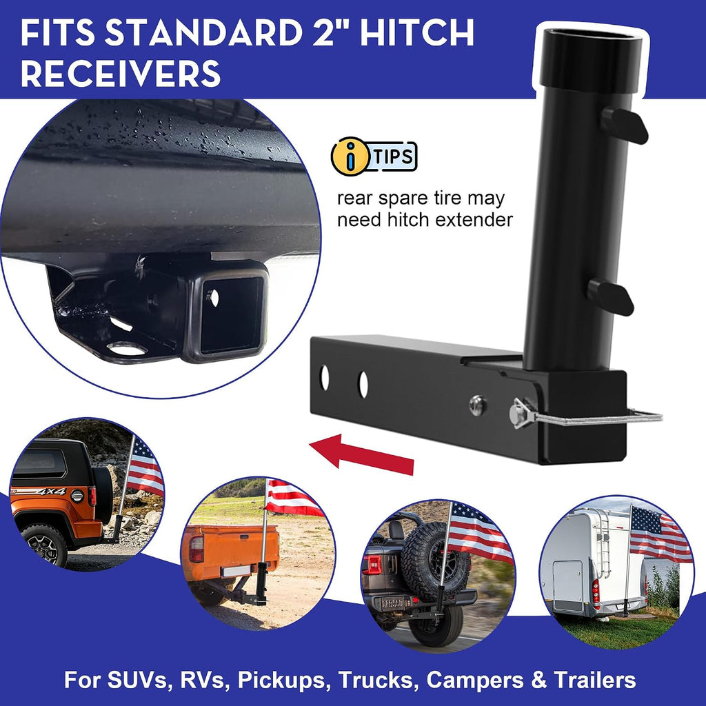 Foldable Hitch Mount Flagpole Holder | All Metal Heavy- Duty, Fits Standard 2" Trailer Hitch, Compatible with Jeep, Truck, SUV, RV, Pickup, Camper Trailer (ONE Flagpole)