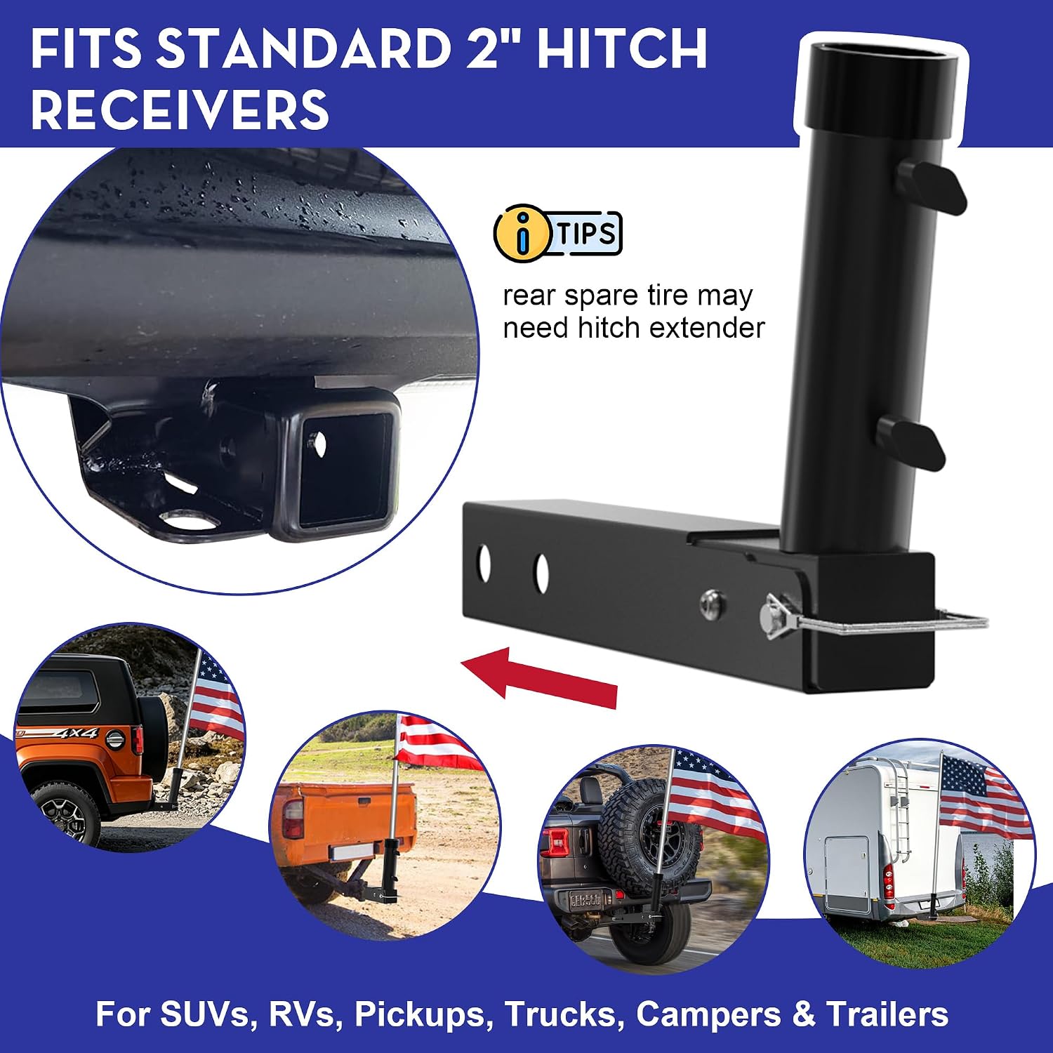 Foldable Hitch Mount Flagpole Holder | All Metal Heavy- Duty, Fits Standard 2" Trailer Hitch, Compatible with Jeep, Truck, SUV, RV, Pickup, Camper Trailer (ONE Flagpole)
