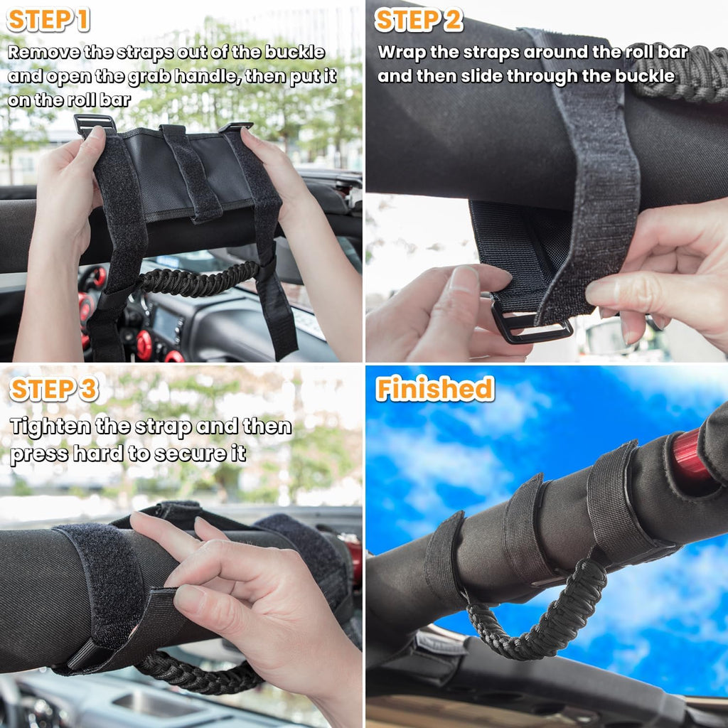4 x Roll Bar Grab Handles Grip Handle for Jeep Wrangler JK JKU JL JLU TJ YJ Sports Sahara Freedom Rubicon Unlimited Gladiator JT 1955-2023 UTV ATV Premium 550 Paracord Interior Accessories (Black)
