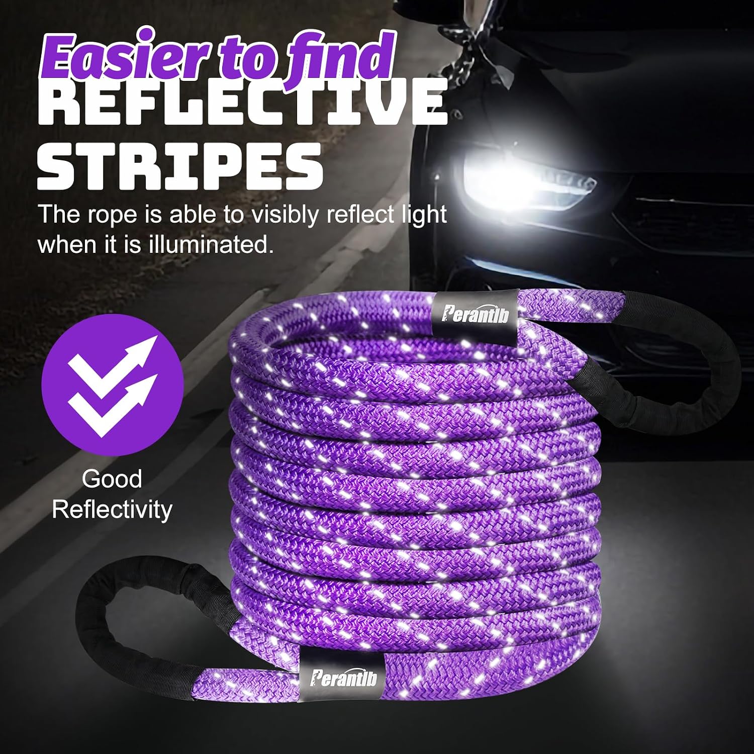 Kinetic Energy Recovery Rope 1" x 20ft,with Soft Shackle and Glove，Linetic Light Reflecting Tow Rope for 4WD Pick Up Truck, SUV, ATV, UTV