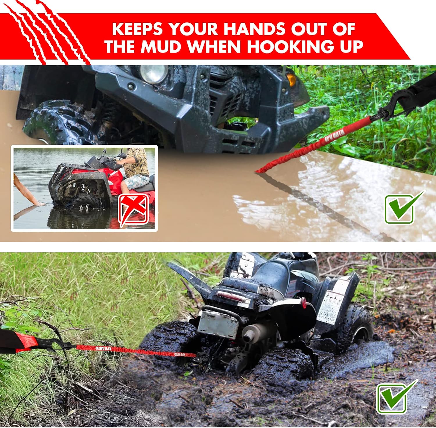 XPV AUTO Recovery Strap (18,000lb.) 2FT with Winch Hook and D-Ring Shackle Synthetic Tow Recovery Rope for ATV Mud Recovery