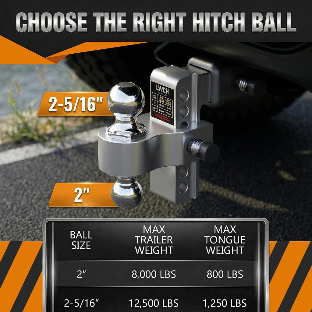 Adjustable Trailer Hitch, Fit 2 Inch Receiver, 12,500 LBS GTW, Heavy Duty Aluminum Drop Hitch with 2" & 2-5/16" Chrome Plated Steel Ball Mounts for Trucks, 6 Inch Drop/Rise, 2 Anti-Theft Pins