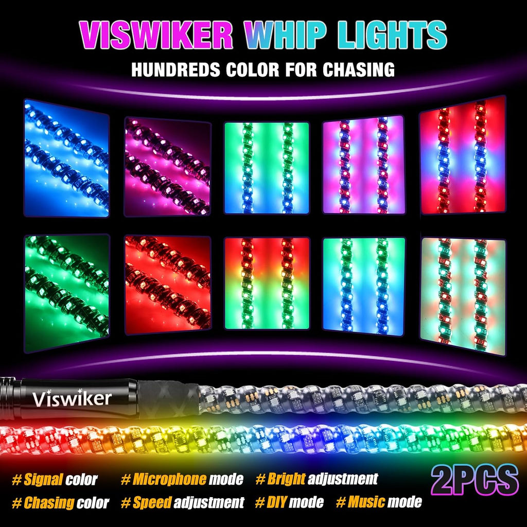 2PCS 3FT LED Whip Lights for UTV/ATV, APP & Remote Control, Chasing Color Modes, Waterproof Off-Road Light for Can-Am, Polaris RZR, Dune Buggies, Spring Base Included