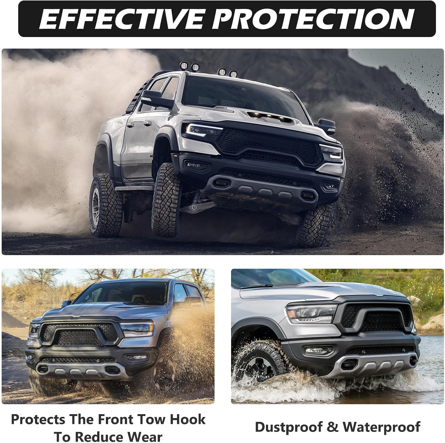 Front Tow Hooks Covers Hitch Cover Customized Car Tow Hooks Compatible with RAM 1500 Accessories 2019-2026|Black (Not Fit for RAM 1500 Classic,Warlock,RAM 2500,RAM 3500)