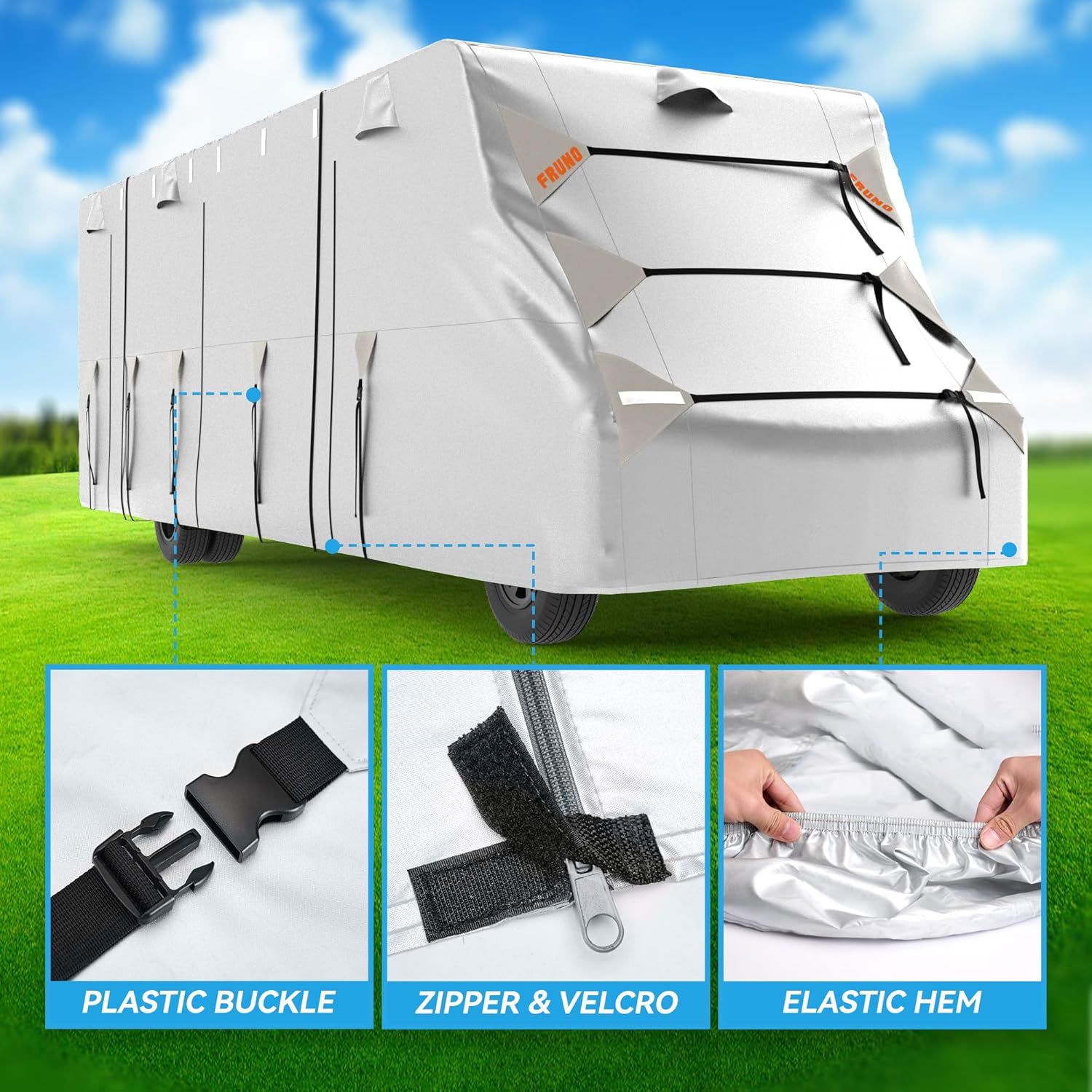 FRUNO Oxford Fabric Class C RV Cover Fits 23'-26' Waterproof Rip-Resistant Anti-UV Motorhome Camper Cover for Winter Snow with 4 Tire Covers and Gutter Covers