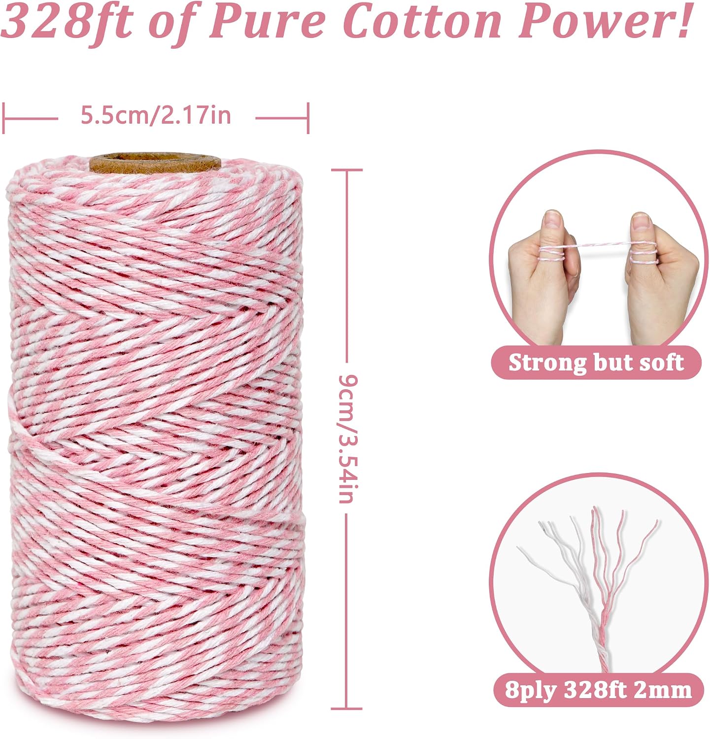 Cotton Twine String, 328 Feet Pink & White - Christmas Twine for Gift Wrapping, Crafts, Baking, Butchers, Holiday Decorations, DIY, Kitchen & Gardening