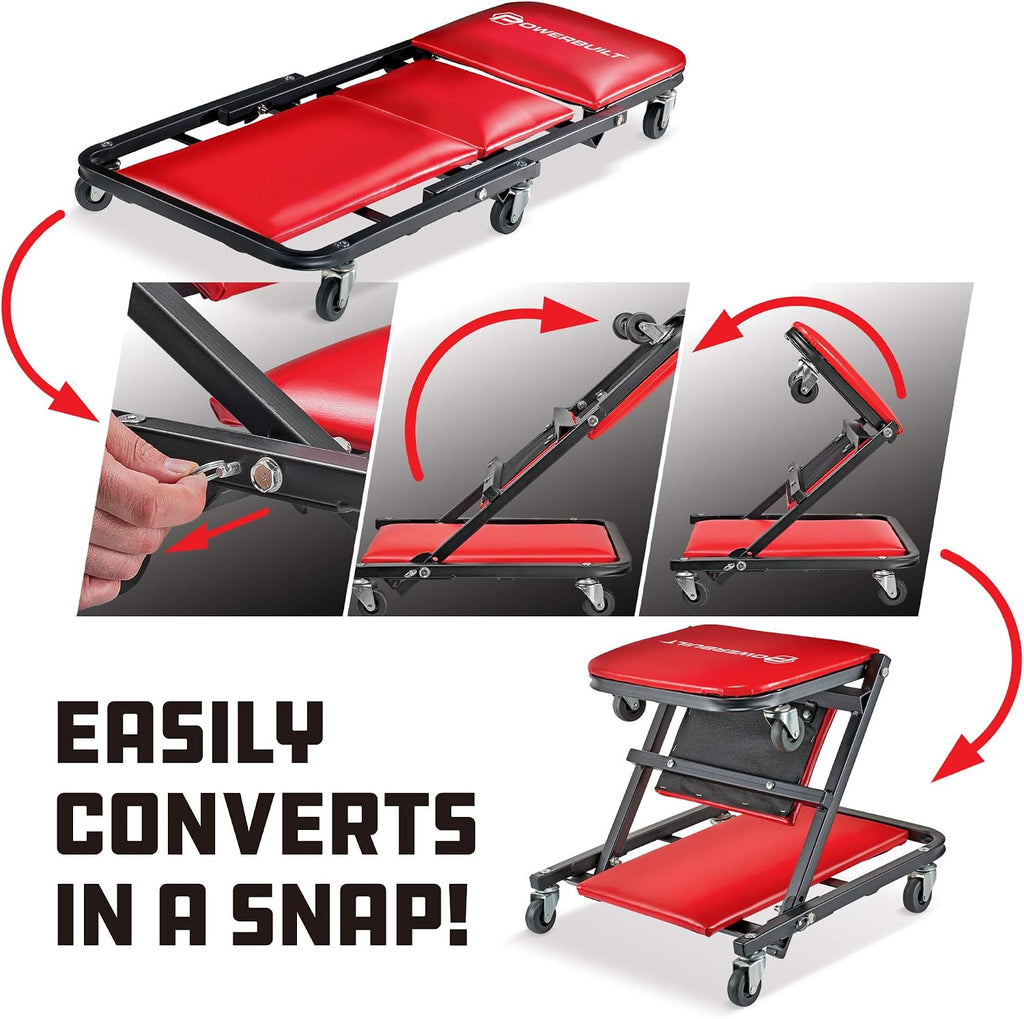 Powerbuilt 36 in. ZAG 2-in-1 Floor Creeper and Rolling Seat – Convertible Design with Padded Headrest, Durable Steel Frame, and Six 2 in. Casters for Easy Maneuvering – 620513