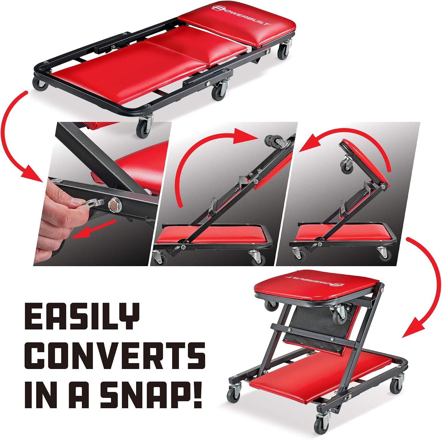 Powerbuilt 36 in. ZAG 2-in-1 Floor Creeper and Rolling Seat – Convertible Design with Padded Headrest, Durable Steel Frame, and Six 2 in. Casters for Easy Maneuvering – 620513