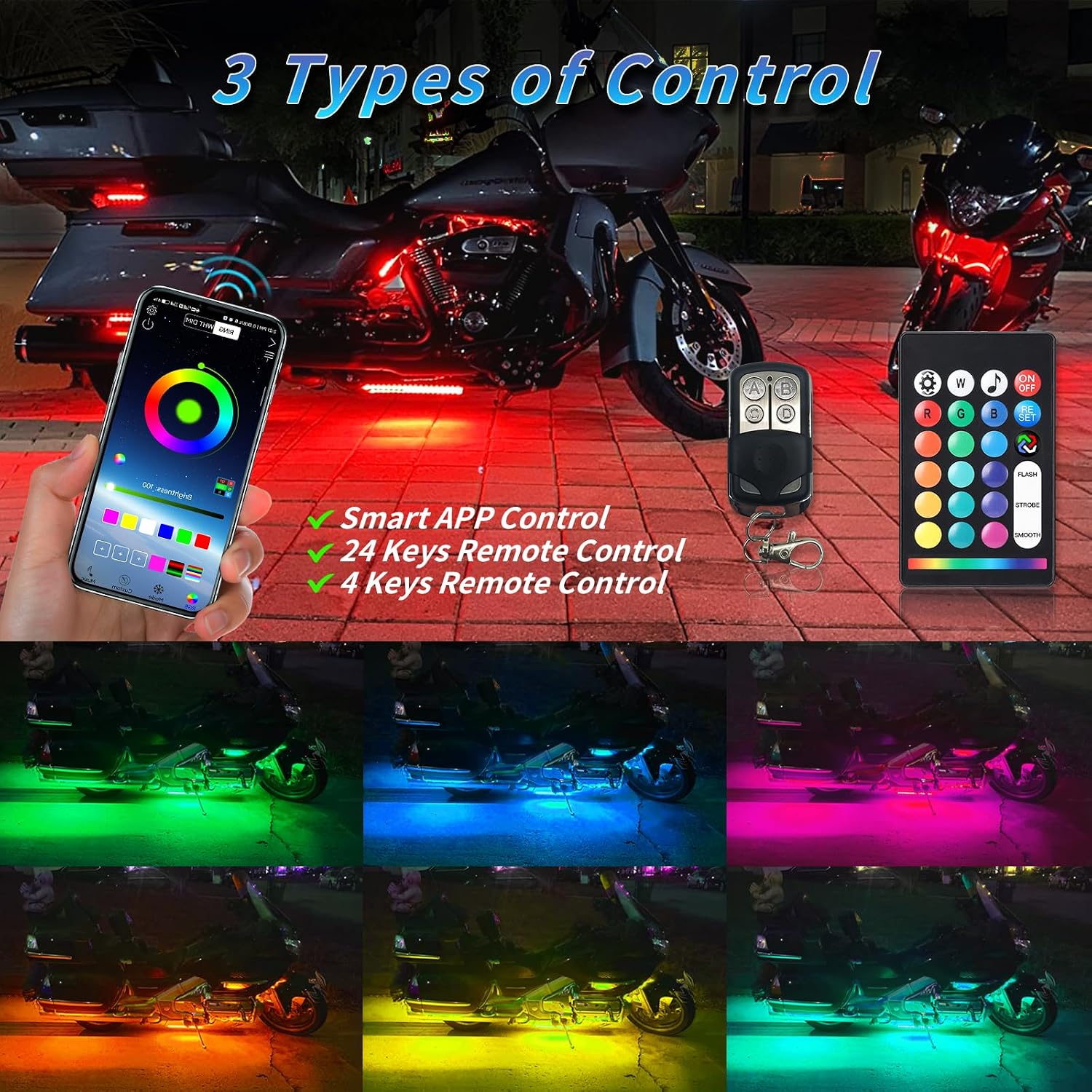 8PCS Segmented Motorcycle RGB LED Light Kits with Brake Turn Signal, Underglow Lights with APP/Dual Remote, Multicolor 12v Waterproof Underbody Neon Strips Lights for Harley Honda Kawasaki