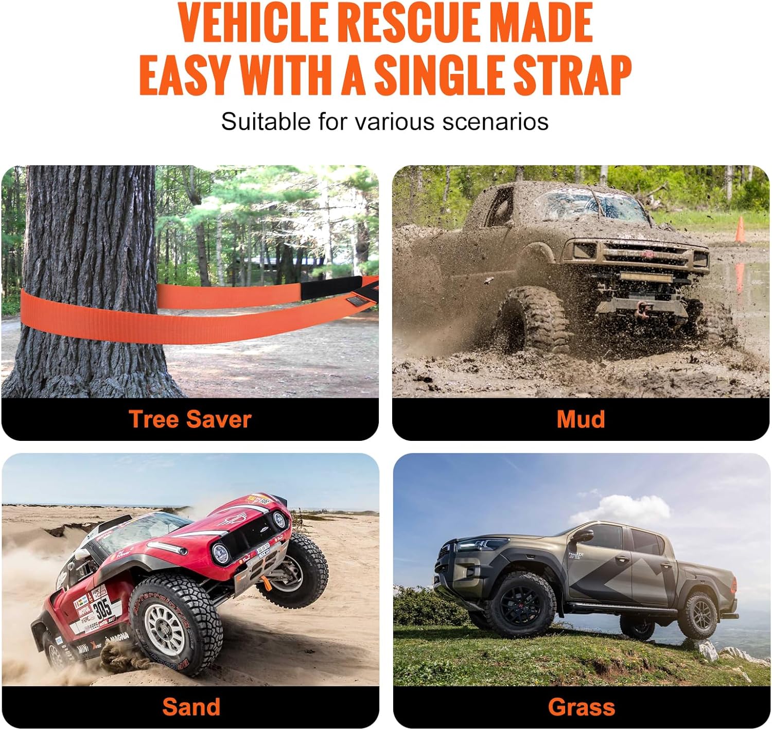 VEVOR Heavy Duty Tow Strap Recovery Kit 3" x 30 ft (MBS-36,000 lbs) Tree Saver Winch Strap, Triple Reinforced Loop & Protective Sleeves & Storage Bag, 3/4" D-Ring Shackles, for Truck Jeep SUV ATV