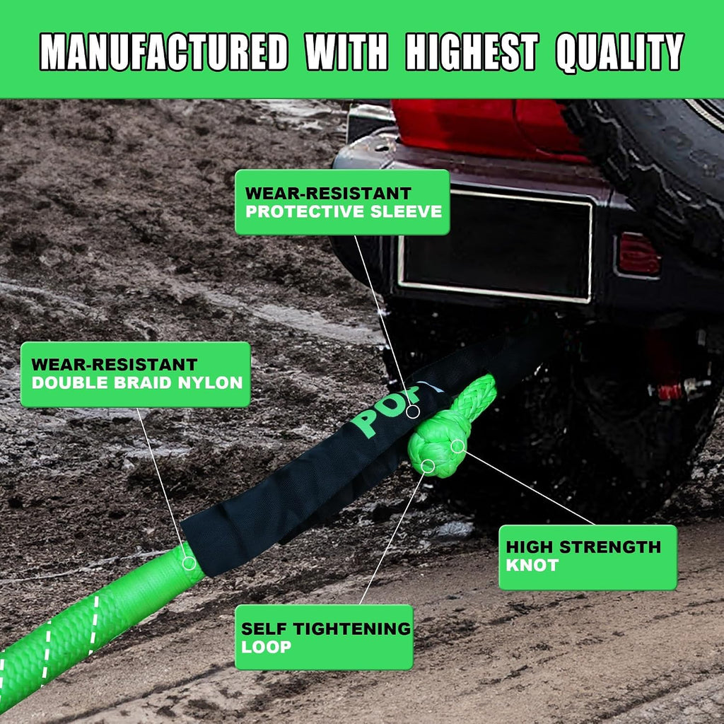 Kinetic Recovery Rope,(1.26in x 30ft Green) 56,000LBS Snatch Strap, Heavy Duty Stretch Nylon Towing Ropes with 2pcs Soft Shackles for Offroad Vehicle, Jeep, SUV, ATV, Tractor Elastic Ropes Kit