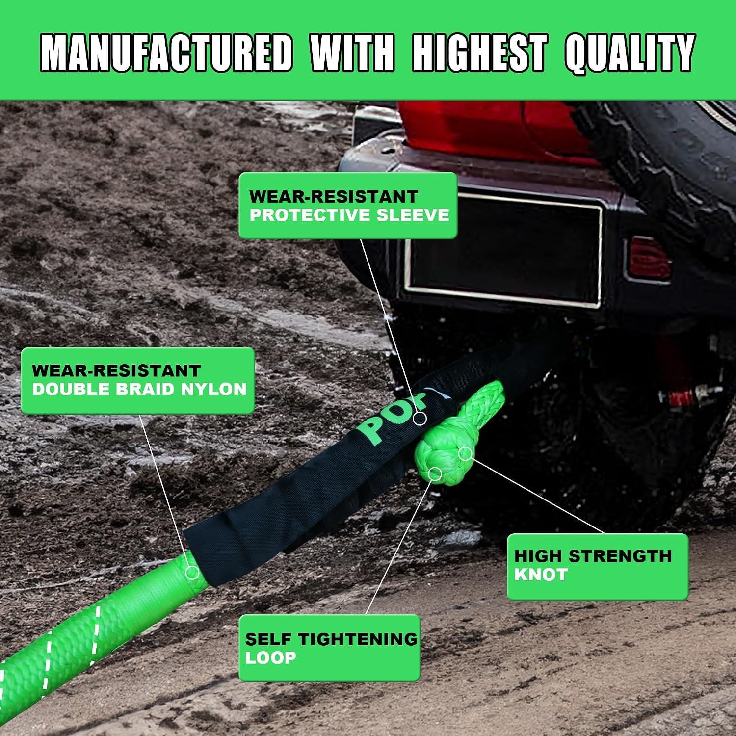 Kinetic Recovery Rope,(1.26in x 30ft Green) 56,000LBS Snatch Strap, Heavy Duty Stretch Nylon Towing Ropes with 2pcs Soft Shackles for Offroad Vehicle, Jeep, SUV, ATV, Tractor Elastic Ropes Kit