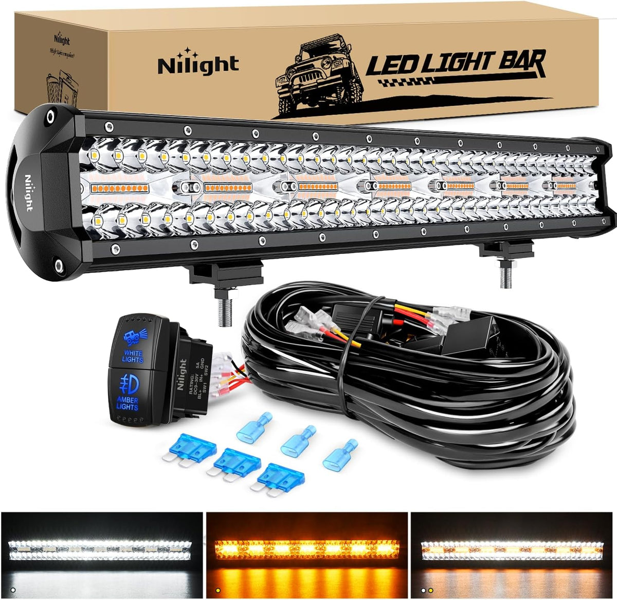 nilight 20inch off-road led light bar white amber, main product view