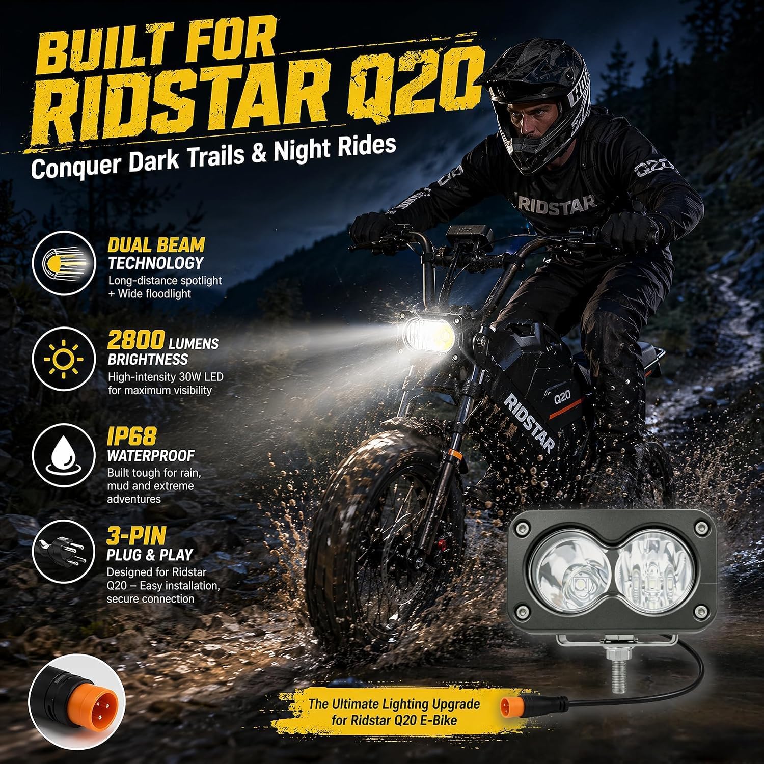 Baja Light for Ebike,Baja Light for Ridstar Q20,Universal 3 Pin Plug | White High Beam 20W 6000-6500K Compatible with Ridstar Q20 Lite/Q20 Pro, Ebike, Motorcycle & ATV