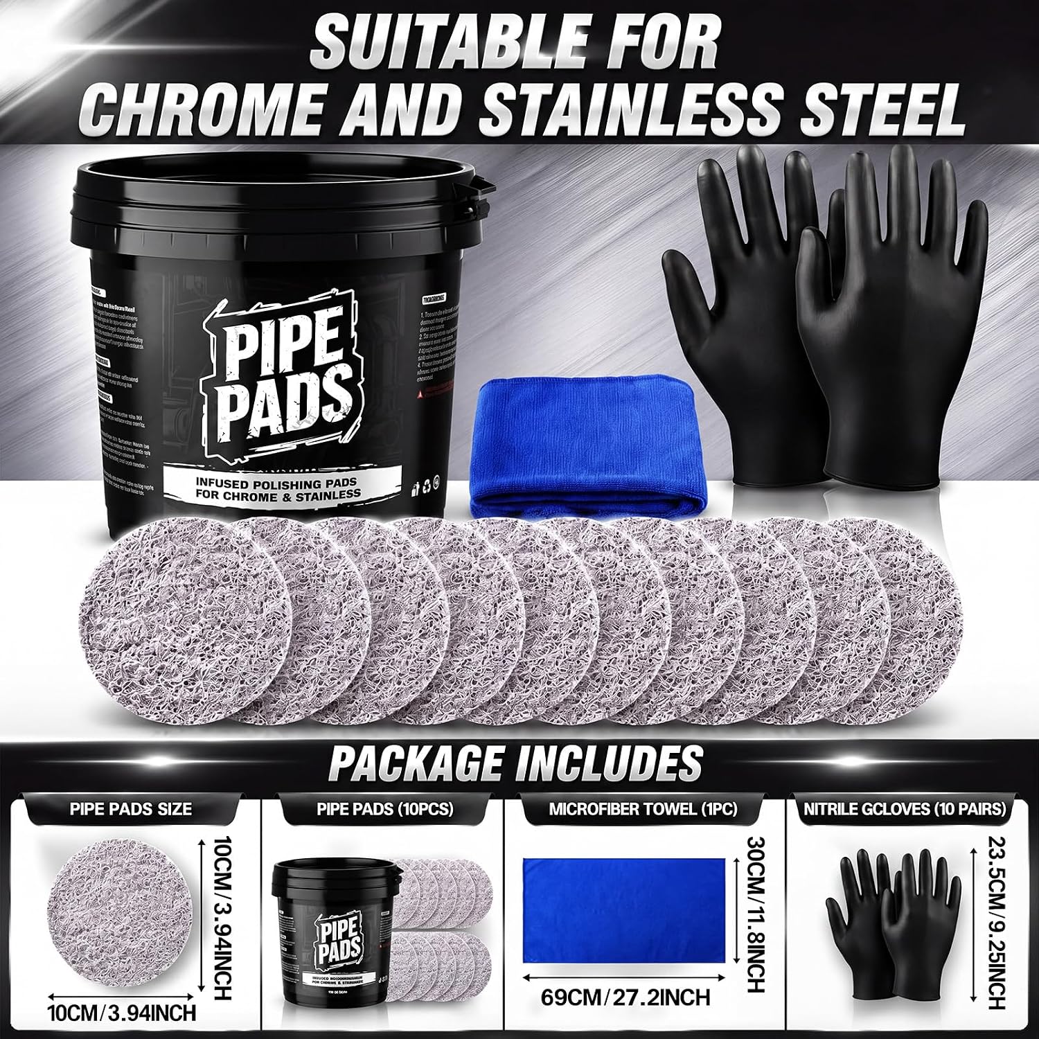 Tranqun 10 Pack Pre-Saturated Gray Metal Polishing Pads for Stainless Steel & Chrome, Hand Applicator Sponge Infused with Pro Gray Liquid Polish for Pipes, Stacks & Bumpers