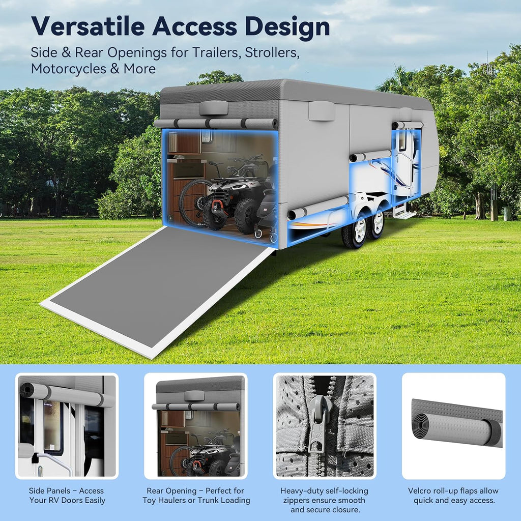 Heavy Duty Travel Trailer RV Cover 14-16ft, 8 Layers Breathable Waterproof Rip-Stop Camper Cover with Adhesive Repair Patches, Gutter, Tire & Additional Straps