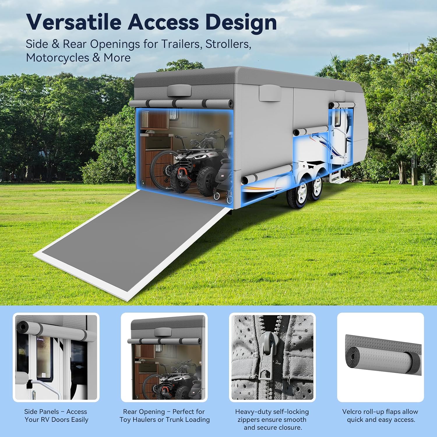 Heavy Duty Travel Trailer RV Cover 14-16ft, 8 Layers Breathable Waterproof Rip-Stop Camper Cover with Adhesive Repair Patches, Gutter, Tire & Additional Straps