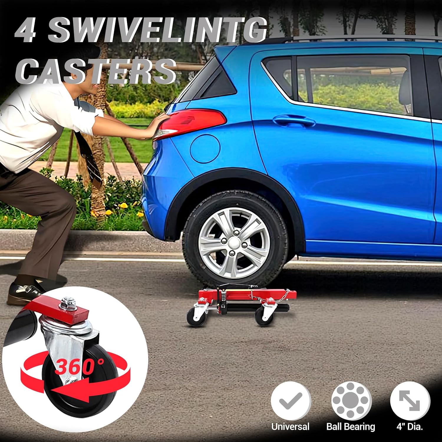 Hydraulic Car Wheel Dolly 1500LBS Set of 2, Heavy Duty Steel Rollers with Ratcheting Foot Pedal, Vehicle Positioning Tire Dolly for Auto Repair and Moving Cars Trucks RVs, Red