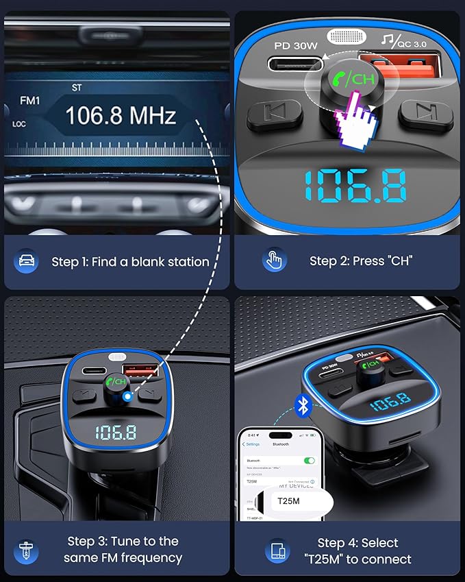 LENCENT Bluetooth 5.4 FM Transmitter Car Adapter 48W Wireless Radio Music - Image 8