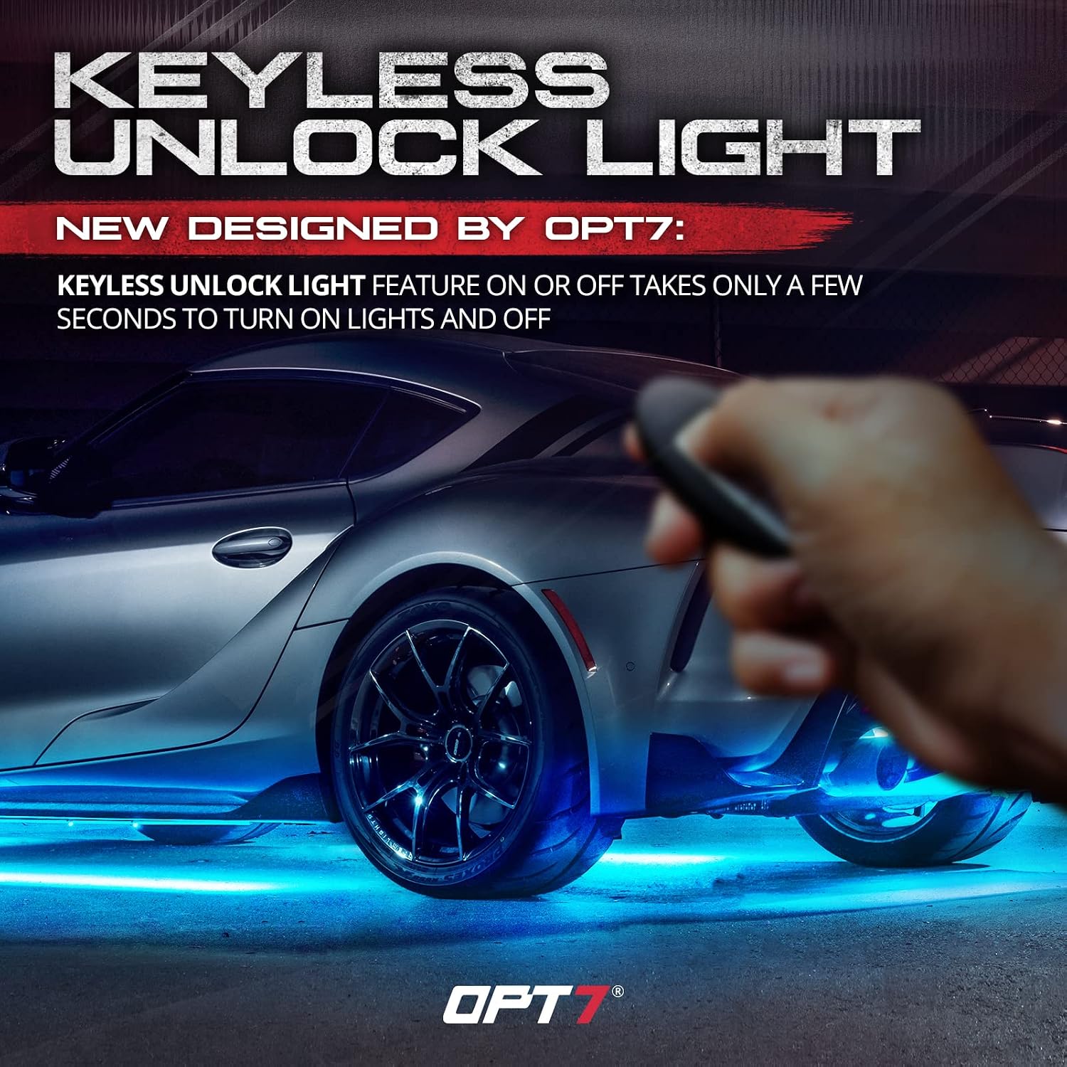 OPT7 Aura Aluminum Underglow Lighting Kit w/Keyless Unlock Light, 4pcs Exterior Neon Accent LED Underbody Strip, Multicolor Modes, Waterproof, Soundsync, Door Assist, Remote Control, Car Truck RV