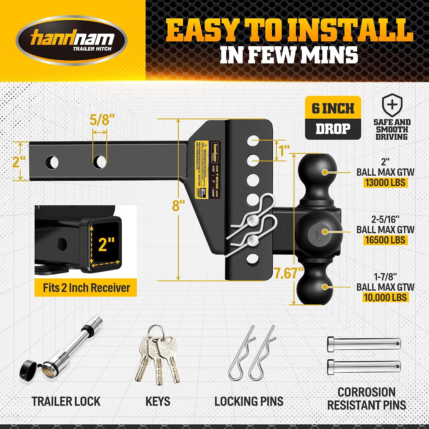 Drop Hitch Adjustable Trailer Hitch, Tow Hitch with 6-Inch Drop/Rise for Truck (16,500 LBS GTW), Adjustable Drop Hitch Fits 2-Inch Receiver, Trailer Hitches with Double Anti-Theft Pins Locks