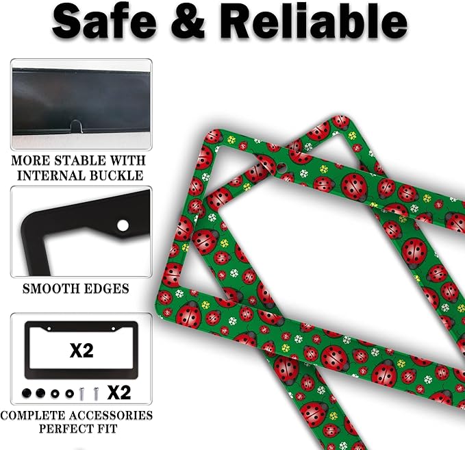 License Plate Frame Red Green License Plate Protector Cute Ladybug and Flowers - Image 4