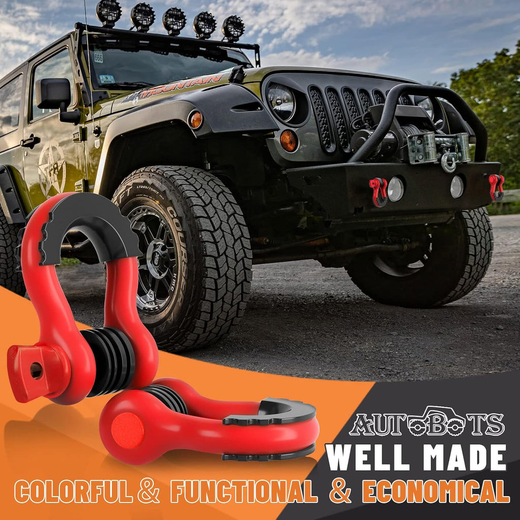 AUTOBOTS Bow Shackles 3/4" D Ring Shackle (2 Pack), 48,000Ib Break Strength with 7/8" Pin, 2 Isolator and 4 Washers Kit for Offroad Vehicle Truck Recovery Red