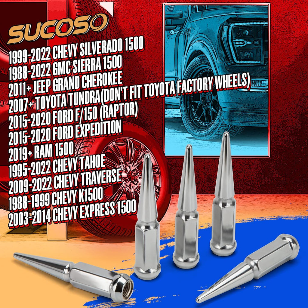 14x1.5 Spiked Lug Nuts 6x5.5 Chevy, Chrome Spike Lug Nuts Chevy Silverado 6 Lug Conical Bulge Seat with 1 Socket Key Fit Silverado Suburban GMC Sierra Yukon Dodge Ram 1500 Ford F150 Aftermarket Wheel