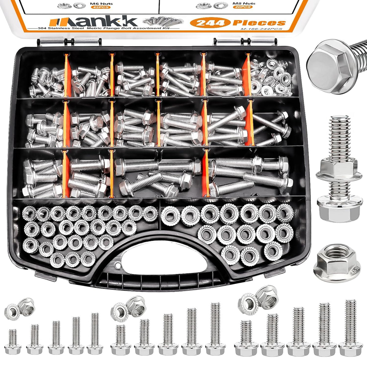 mankk 244pcs 304 stainless steel metric flange bolts, main product view
