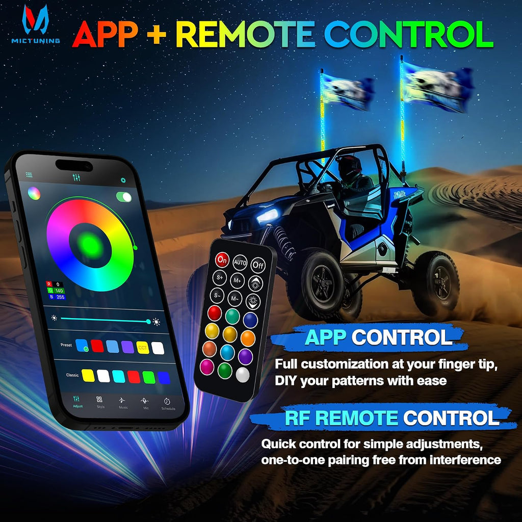 MICTUNING 2pc 4ft Spiral LED Whip Lights with 8 Flags, RF Remote & App Control, RGB Chasing Lighted Whips with Rocker Switch, Music Synced Whip Light for UTV ATV Polaris RZR Can-Am