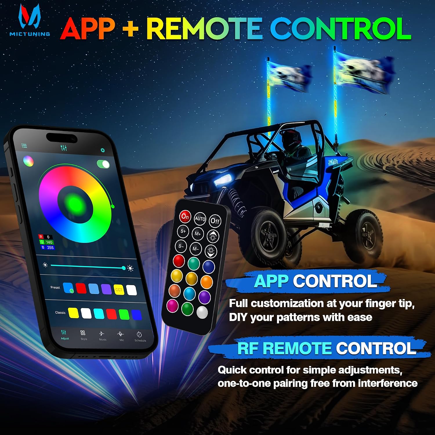MICTUNING 2pc 4ft Spiral LED Whip Lights with 8 Flags, RF Remote & App Control, RGB Chasing Lighted Whips with Rocker Switch, Music Synced Whip Light for UTV ATV Polaris RZR Can-Am