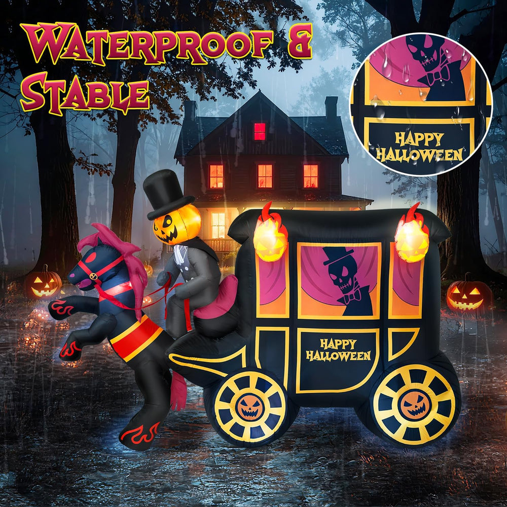 10FT Long Halloween Inflatables Built-in LED Light Pumpkin-Headed Horse Carri...