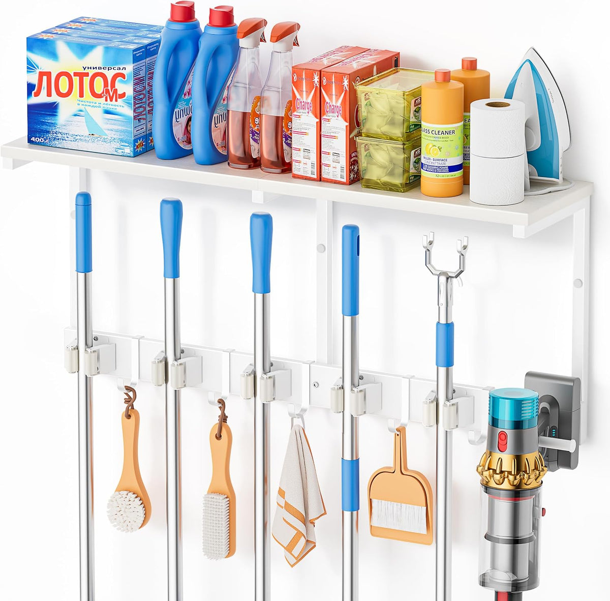 broom holder wall mount with cleaning supplies organizer, main product view