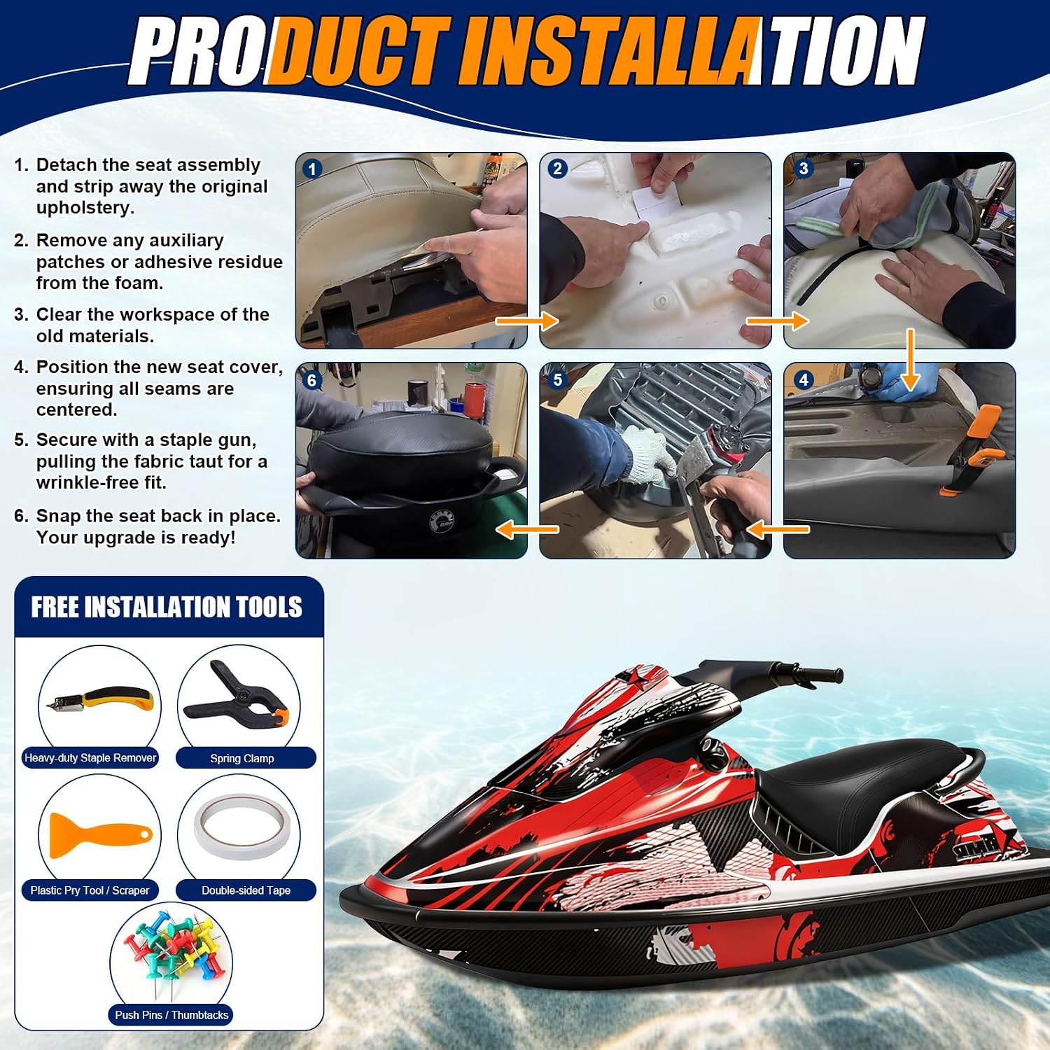 Seat Cover Replacement for 1993-1996 SeaDoo SP/SPI/SPX/XP/XPI/XP800 | 3-Layer Custom Fit Faux Leather: Waterproof, Filter Inner, Tough Base. Staple Install (Basic Setup Accessories Kit Included)