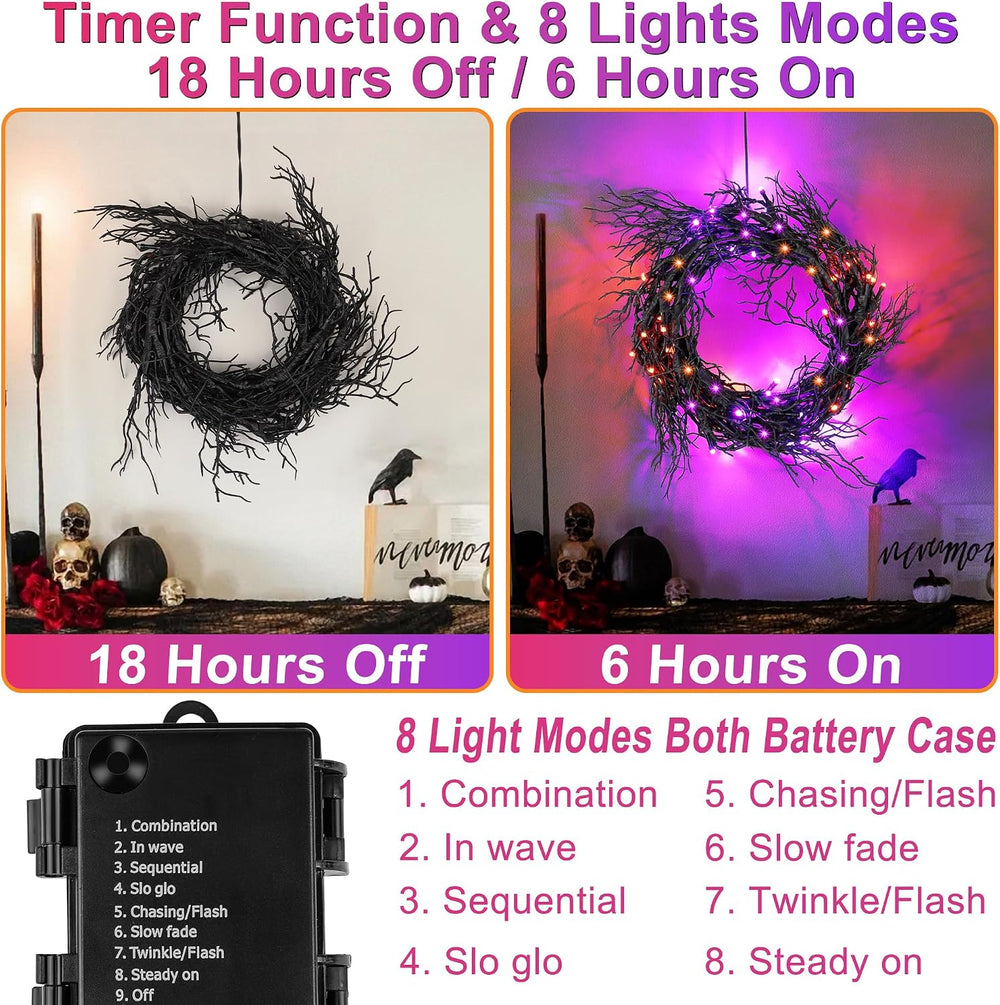 9 FT 66 LED Willow Vine Twig Decor Black Halloween Garland with Orange Purple...