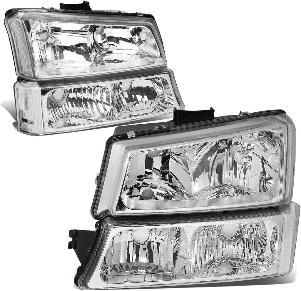 DNA MOTORING Pair Headlight Assembly Compatible with 2003-2006 Chevy Silverado 1500 2500 3500 1500 HD 2500 HD Avalanche 1500 2500, w/o Factory Cladding, Chrome/Clear, HL-OH-CS03-4P-CH-CL1