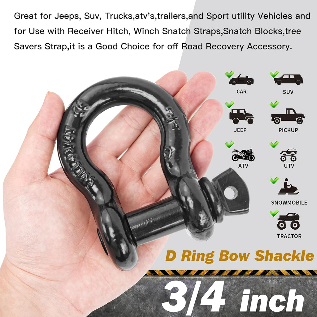 Heavy Duty D Ring Shackles, 3/4" Clevis Shackle with 7/8" Screw Pin, 44,000lbs Break Strength, for Tow Strap, Jeep, SUV, Pickup, Trailer, ATV, UTV (Black)