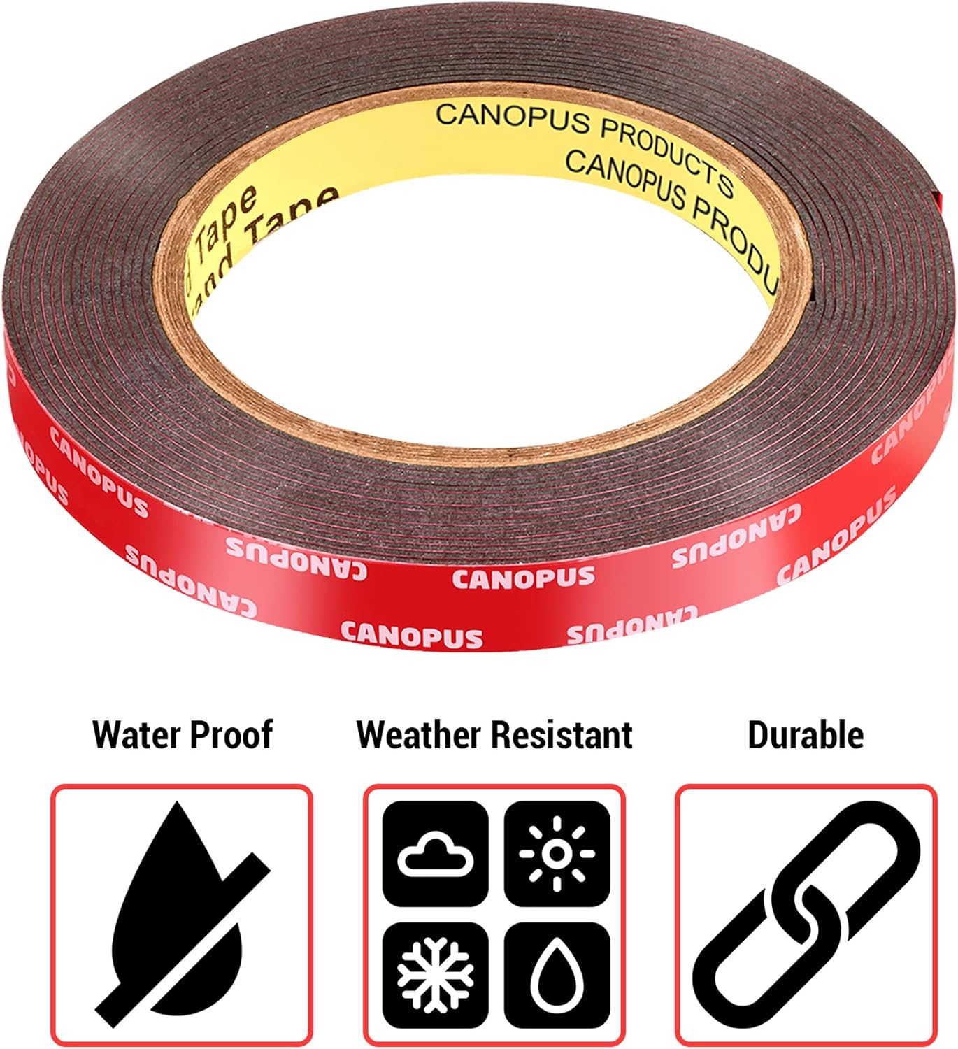 CANOPUS 06384 Automotive Acrylic Plus Attachment Tape 0.5in x 5yd, Double Sided Mounting, Very High Bonding, Perfect for Home, Automotive and Office Duties, Black, Made in USA