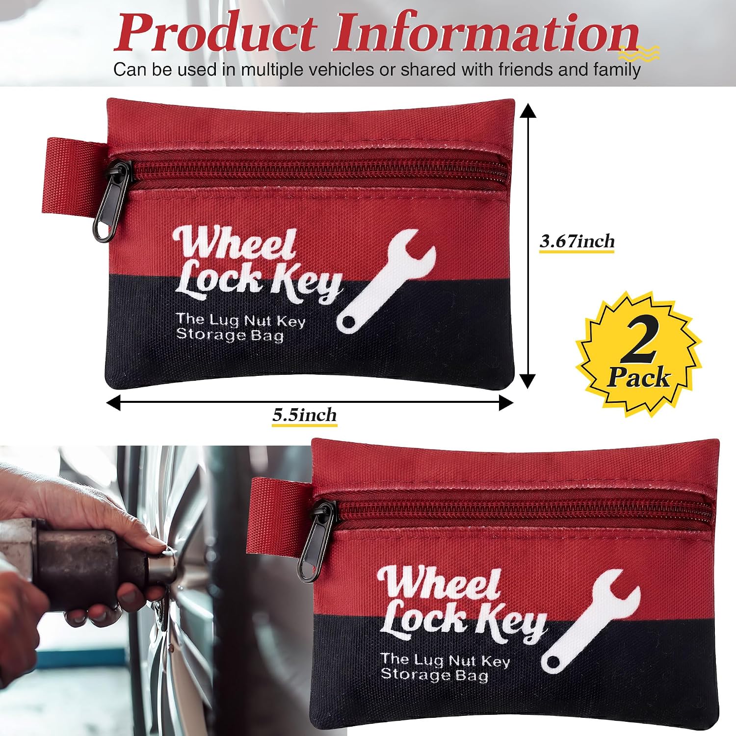 Saillong 2Pack Wheel Lock Key Storage Pouch, Canvas Wheel Lock Key Storage Bag with Zipper, Easily and Safely Stores Locks, Locking Nuts, Nut Keys Spare Lug Nuts, and More(Red)