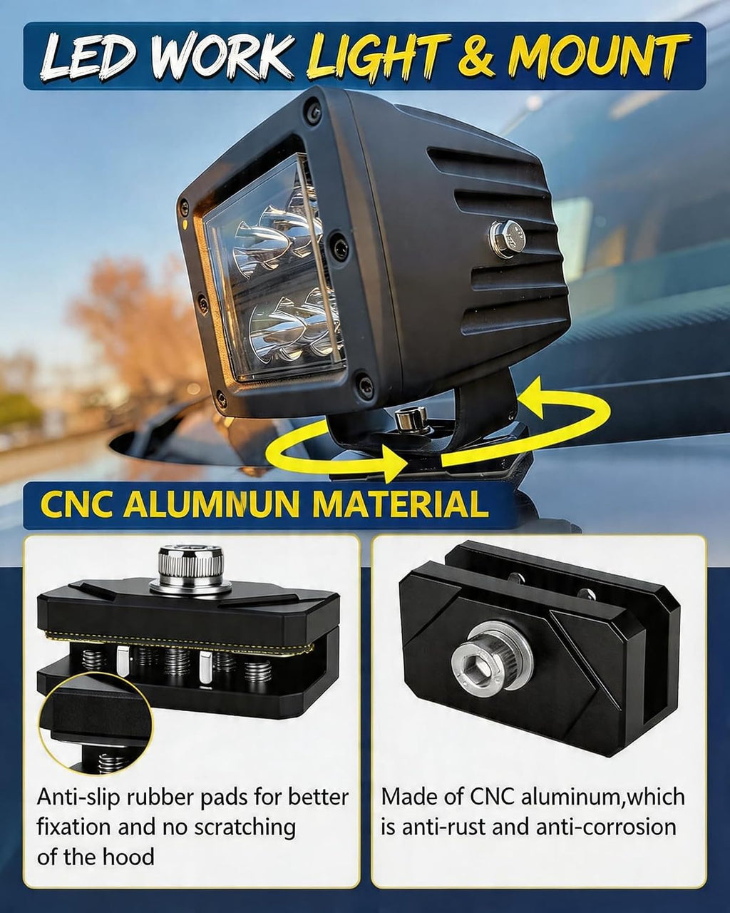 LED Light Bar Mounting Brackets A Pillar Ditch Light Bracket Extensions | Steel Cowl Pod Light Mounting Brackets No Drilling Universal Hood Light Mounting Brackets Adjustable Aluminum Alloy
