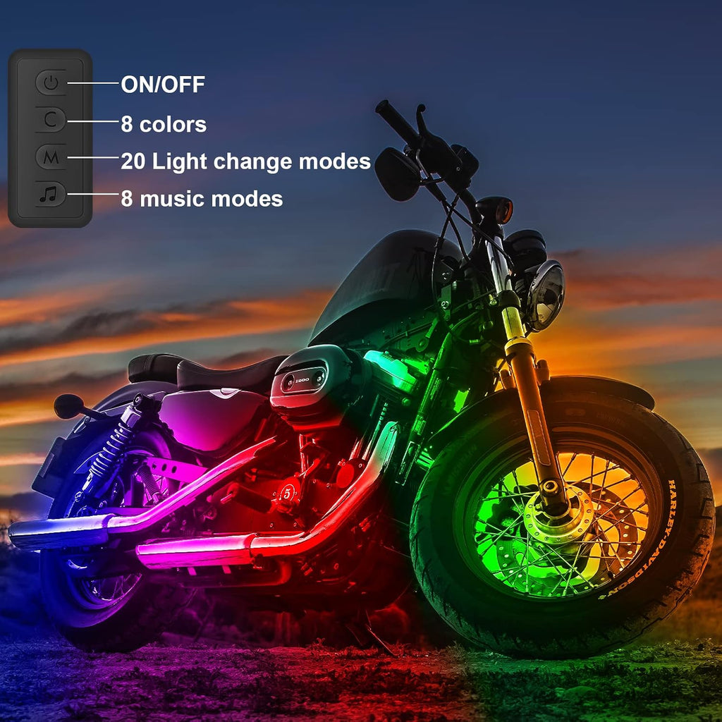 10Pcs Motorcycle LED Underglow Kit, RGB LED Strips Lights with APP Control, Compatible with Harley Davidson, Honda, Kawasaki, Suzuki