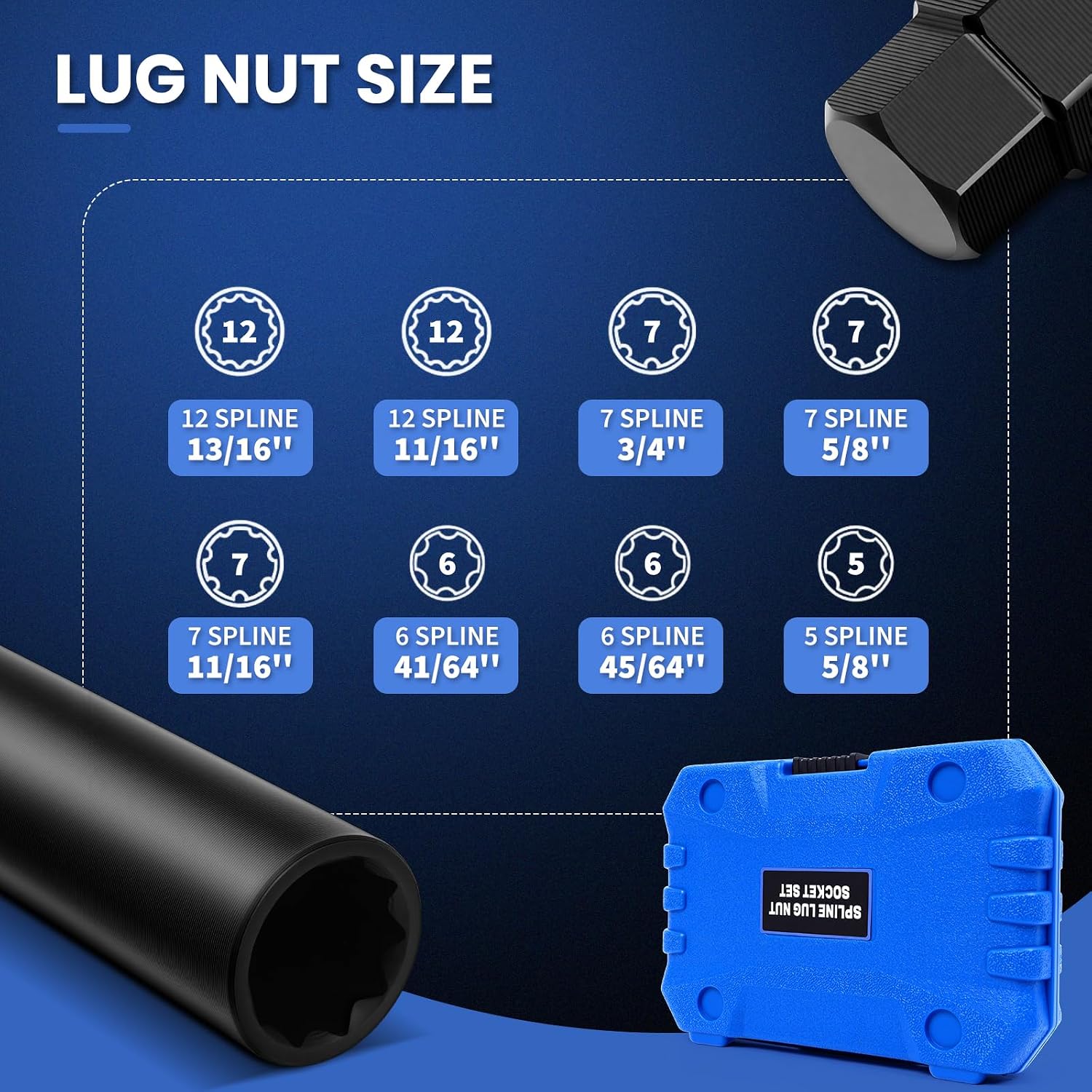 8PCS Spline Lug Nut Socket Set, CR-MO Universal Wheel Lock Removal Tool & Master Key Kit for Automotive Locking Lug Nuts, 5/6/7/12 Spline