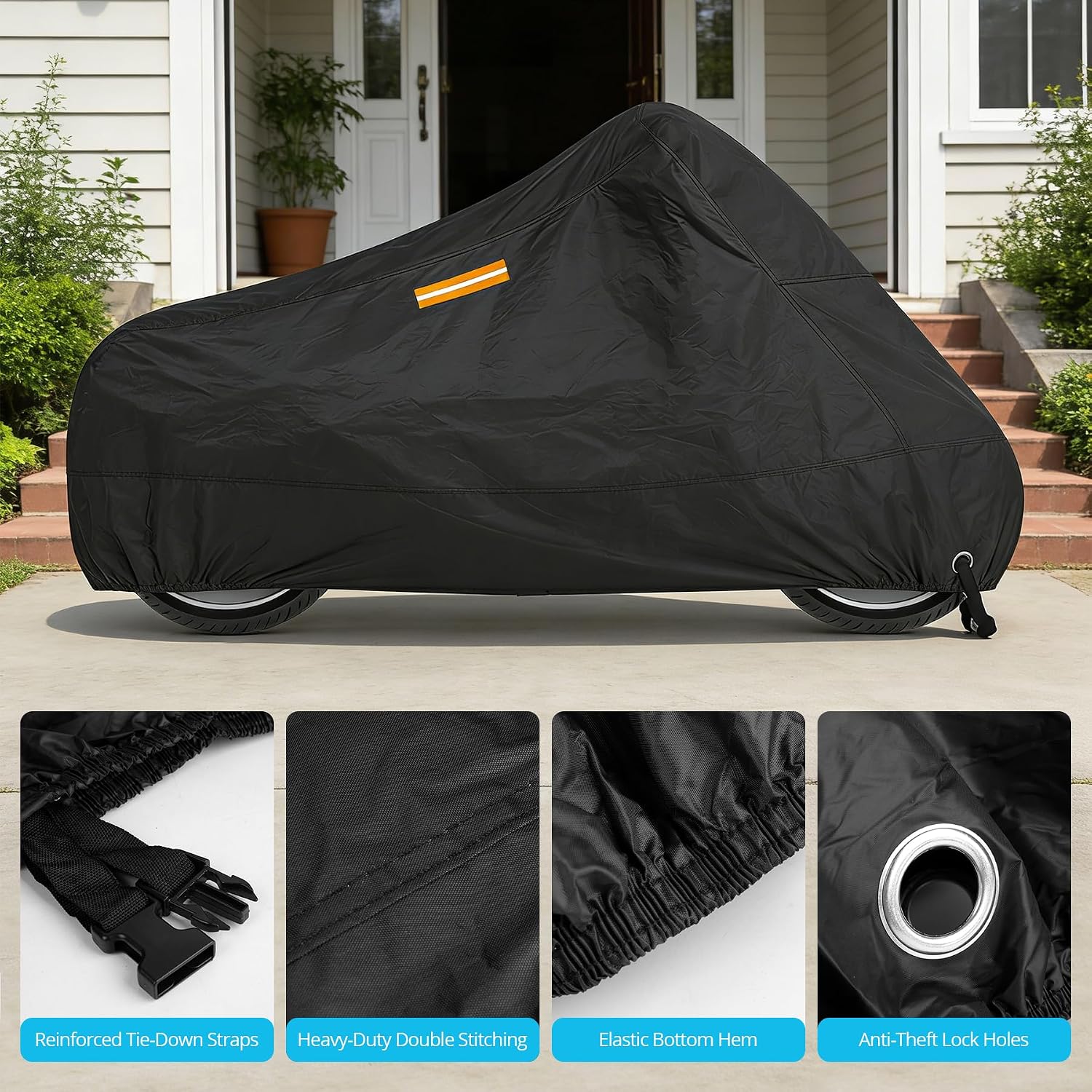 300D Motorcycle Cover Waterproof Outdoor, 96.5 inch Fits for Harley Davidson Sportster Iron 883/1200, Forty-Eight, Nightster, Nightster Special, Street 500/750, Honda Rebel 300/500/1100, Black