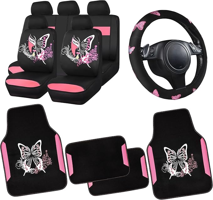 CAR PASS Pink Leather & Gaberdine Butterfly Car Seat Covers Full Set by CARPASS