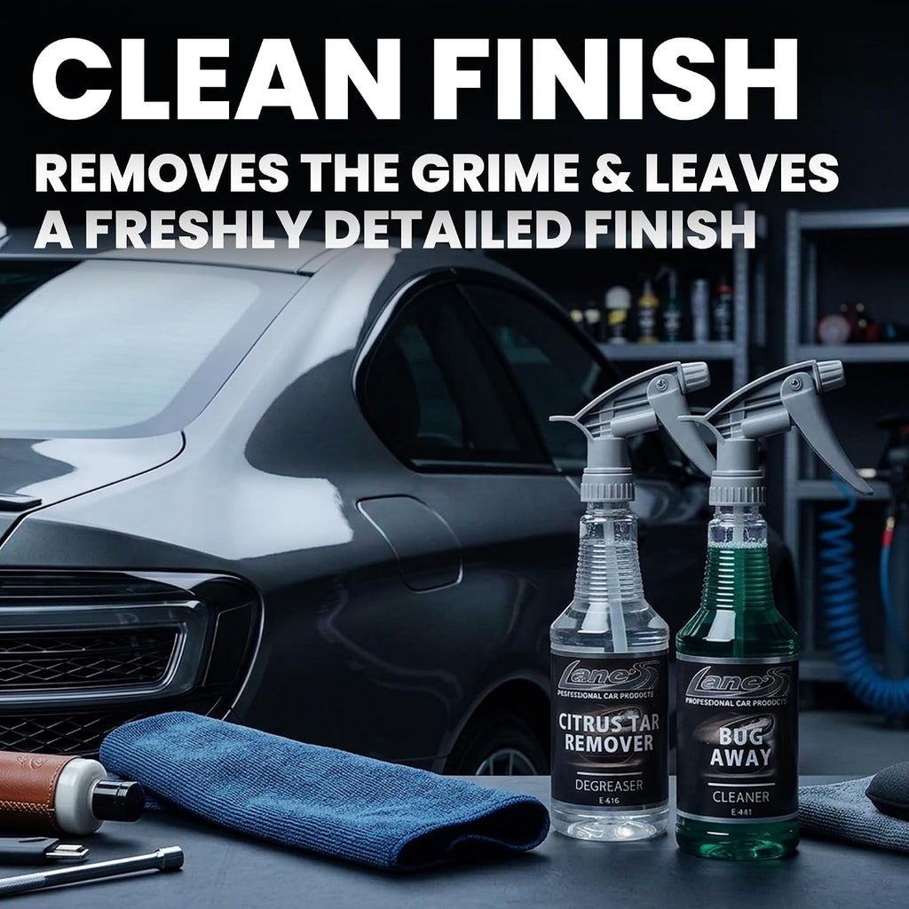 LANE'S Bug and Tar Remover Kit for Cars | Concentrated Spray Formula | 32oz | Insect Car Cleaner for Windshield, Glass, Plastic, Metal | Citrus Automotive Tar Degreaser | Safe for Paint & Clear Coats