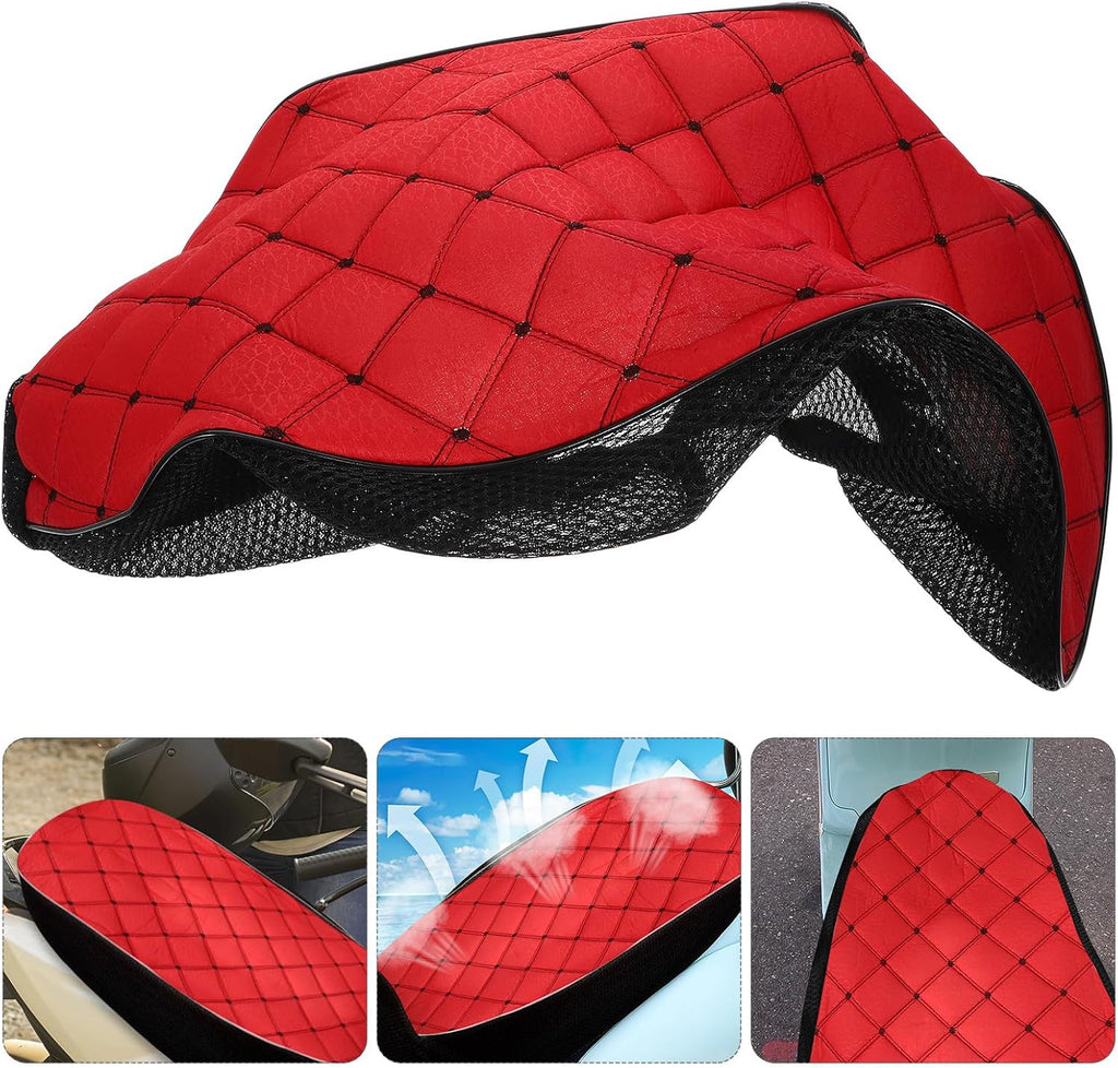 Motorcycle Seat Cushion Cover Red Fabric Breathable Anti-Slip Protector for Scooter and Electric Bike Large Size All-Season Use