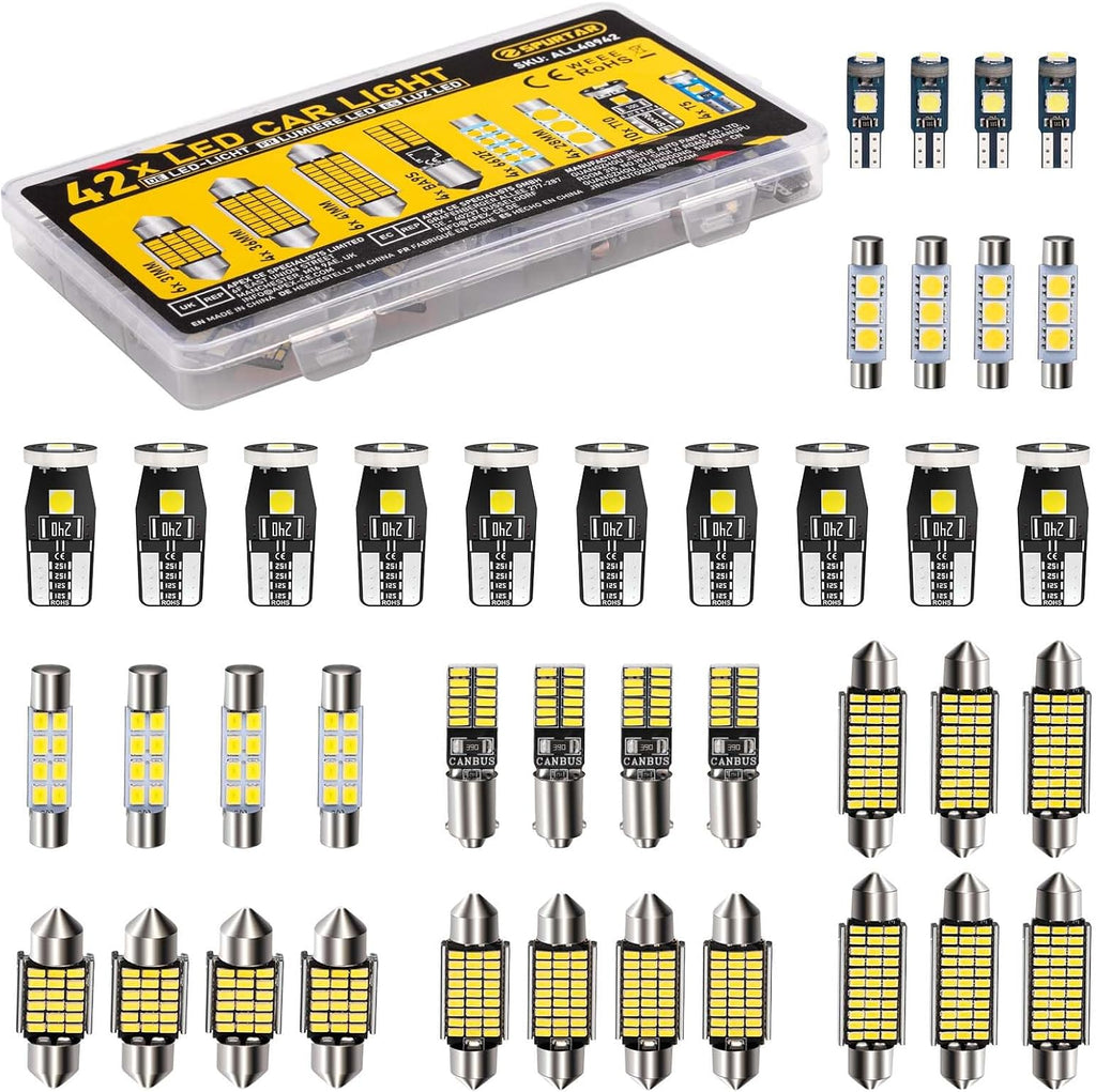 Spurtar 42PCS Interior Car Lights Superior Brightness White Dome Map Tail Cab Lights Bulb Kit Set T5 T10 28mm 31mm 36mm 41mm BA9S 6612F 194 LED Bulb for Trunk Cargo Door Courtesy License Plate Light